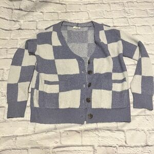 KORI Checkered Cardigan Sweater Knit Button Up Cozy Blue White‎ Small